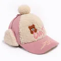 Kinder-Wintermütze aus Cord in Rosa und Weiß mit Bärenstickerei und warmem Gehörschutz - 3-8 Jahre / Rosa