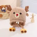Kids warm khaki reindeer knit hat with cute brown antlers and red pom pom nose - Kids Size / Khaki