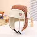 Gorro de invierno marrón de pana para bebé con forro polar suave y parche de osito - 3-7 Años / café
