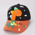 Kids baseball cap featuring black crown, orange brim, and 3D cartoon dinosaur skater design - Style 1 Black
