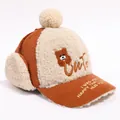 Brown corduroy bear earflap hat for kids with cream fleece lining and cute bear embroidery - 3-8 Years / Coffee