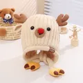 Bonnet en tricot beige pour enfants avec bois de renne 3D et cache-oreilles pour l'hiver - Taille Enfant / Beige