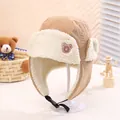 Gorro de aviador para bebé en pana marrón con bordado de oso y forro polar blanco - 3-7 Años / Caqui