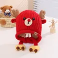 Bonnet tricoté rouge pour enfants avec protège-oreilles, bois de renne et motif ours - Taille Enfant / Rouge