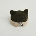 Winter fleece baby hat with bear ears and M3 logo in dark green and beige color - Toddler One Size / Black