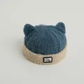 Winter fleece kids beanies with cute bear ears in blue and yellow patchwork colors - Toddler One Size / Blue