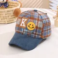 Kids plaid baseball cap with blue and orange grid pattern and brown K letter patch - Blue (Without Pompom)