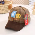 Kids plaid baseball cap featuring K embroidery and a smiley face in brown checker pattern - Coffee (Without Pompom)