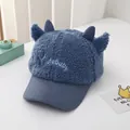 Kids warm winter baseball cap in blue faux fur and corduroy with cute horns - Kids 2-6 Years (47-52cm) / Blue