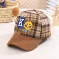 Brown checkered kids baseball cap with K embroidery and fuzzy pom-pom detail - Light Coffee (Without Pompom)