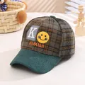 Kids plaid baseball cap with green corduroy brim and letter K patch for autumn - Dark Green (Without Pompom)