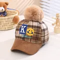 Winter kids baseball cap with brown check pattern, fluffy pompom and blue K letter patch - Blue (With Pompom)