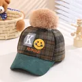Kids winter checkered baseball cap with fuzzy pompom and letter K in dark green - Dark Green (With Pompom)