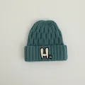 Kids cyan knit beanie with willow leaf texture and white H letter patch detail - Kids 2-7 Years / Olive Green