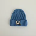 Kids navy blue thick knit beanie with white H letter and smiley face embroidery - Kids 2-7 Years / Blue