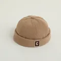 Khaki corduroy sailor cap for kids with letter C patch and vertical striped texture - 50-52cm / C Letter Khaki