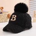 Black plush winter baseball cap with a fluffy pompom and embroidered letter B patch - 3-10 Years (50-54CM) / Black (Letter B)
