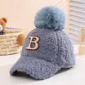 Kids plush blue baseball cap with large faux fur pompom and embroidered letter B - 3-10 Years (50-54CM) / Blue (Letter B)
