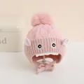 Pink winter baby knit hat with faux fur pom-pom and cute cartoon animal design - Kids 1-4 Years Elastic / Pink