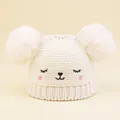 Grazioso cappello di maglia beige per neonati con due pompon e ricamo animale - Bianco / Circonferenza Testa 46-50cm (2-6 Anni)