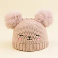 Cappello invernale in maglia beige per neonato con doppi pompon e viso di animale ricamato - Beige / Circonferenza Testa 46-50cm (2-6 Anni)