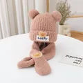 Detail of pink plush bear ear hat and scarf set showing soft faux fur texture and embroidery - Coffee
