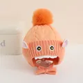 Orange pink winter knit baby hat with ear flaps, fur pompom and cartoon face - Kids 1-4 Years Elastic / Orange