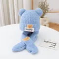 Detail of baby light blue knit hat and scarf set with soft plush bear ear designs - Sky Blue
