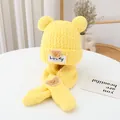 Detail of yellow plush bear ear hat and matching scarf set with Lucky badge for kids - Yellow