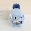 Light blue knit baby trapper hat with cartoon monster face and navy faux fur pom-pom - Kids 1-4 Years Elastic / Sky Blue