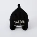 Black knitted baby beanie with earflaps, Boston embroidery, and pointy top design - 1-4 Years Old (Elastic) / Black
