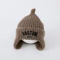 Detail of brown knit aviator hat with BOONT 1630 embroidery and warm ear flaps - 1-4 Years Old (Elastic) / Dark Gray