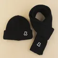 Kids black ribbed knit hat and scarf set with cute white embroidered bear pattern - Black