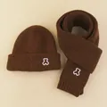 Brown knitted winter hat and scarf set with white cartoon bear embroidery for kids - Coffee