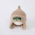 Camel baby knit hat with Boston embroidery and plush ear flaps for winter warmth - 1-4 Years Old (Elastic) / Khaki