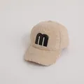 Kids warm beige fleece baseball cap with black letter M embroidery for winter - Khaki