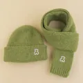 Kids grass green knitted hat and scarf set with cute white bear embroidery logo - Grass Green