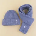 Winter knitted hat and scarf set in soft blue featuring cute bear embroidery - Dusty Blue