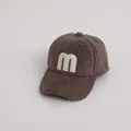 Kids warm polar fleece baseball cap in dark brown color with letter M embroidery - Dark Gray