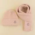 Pink knit hat and scarf set for toddlers featuring bear embroidery detail - Beige