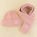 Pink knit hat and scarf set for kids with cute white bear embroidery details - Pink