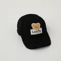Kids black teddy fleece baseball cap with brown bear patch and Lucky embroidery - Kids 3-10 Years 50-54CM / Black