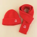 Red winter knit hat and scarf set for children with cute white bear embroidery detail - Red