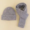Winter warm knitted set with grey hat and scarf featuring bear embroidery design - Gray
