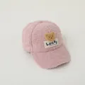 Pink fleece baseball cap for children featuring a cute bear patch and Lucky embroidery - Kids 3-10 Years 50-54CM / Pink