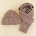 Winter knitted hat and scarf set for kids in light brown with small bear embroidery - Dark Khaki