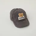Grey sherpa fleece baseball cap for kids with yellow teddy bear patch and Lucky label - Kids 3-10 Years 50-54CM / Dark Gray