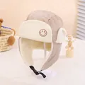Gorro de aviador beige para niños con parche de carita y cálido forro de lana blanca - 3-8 Años / Caqui