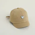 Khaki cotton baby baseball cap featuring a cute bear badge with Hello text - Adjustable Infant Size / Khaki with Bear Patch
