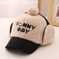 Kids plush winter trapper hat with earflaps and Sunny Day smiley face embroidery - Kids (48-54CM) / Black